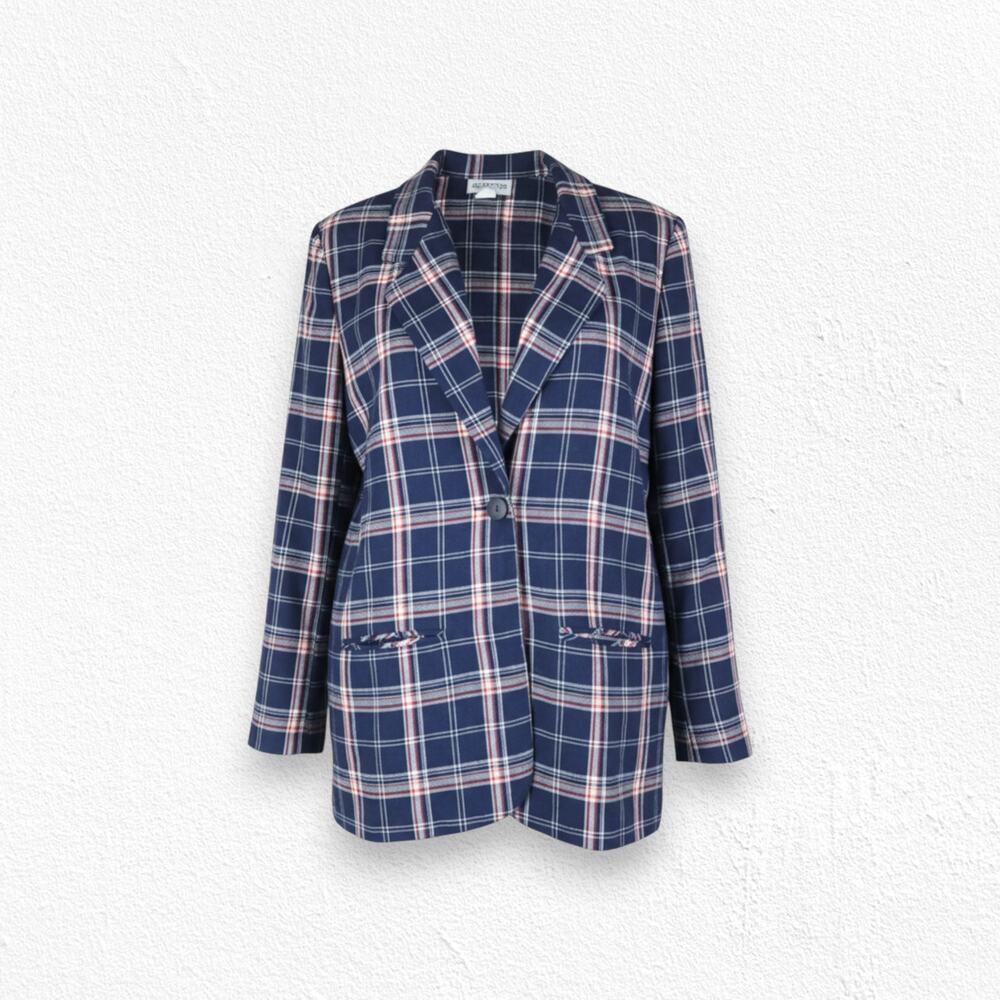 Y2K Navy Red Windowpane Tartan Plaid Boxy Oversized Blazer Jacket Size Medium